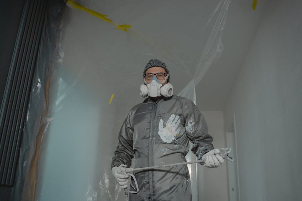 Painter in protective suit with mask and goggles preparing for indoor home renovation.